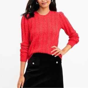 LOFT Red Cable Knit Sweater with Black Bow